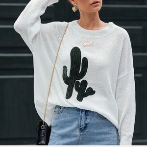Cactus embroidery drop shoulder oversized sweater